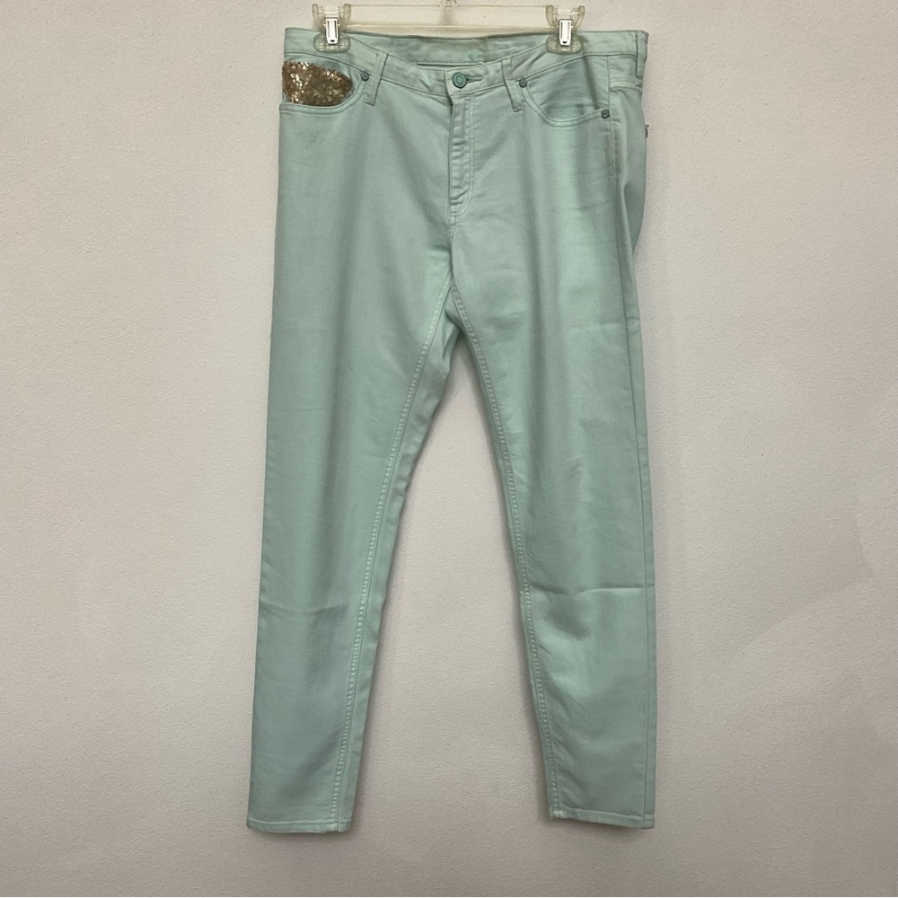 Mango MNG Jeans Mint, Gold Sequin Skinny Jeans Size 10 Spring Colored